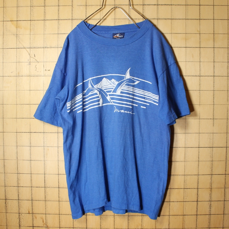 70s 80s USA製 PACIFIC WAVE HAWAII 両面プリント 半袖 Tシャツ ブルー メンズM クジラ シャチ アメリカ古着