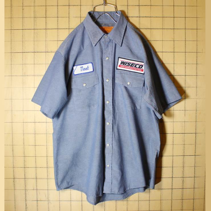 USA製 REDKAP レッドキャップ シャンブレー ワークシャツ 半袖 WISECO ワッペン メンズL ブルー 古着 021319ss85