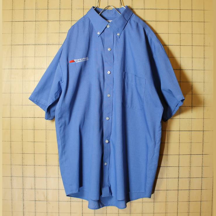 Firestone ファイヤーストーン ワーク ボタンダウン シャツ 半袖 刺繍 メンズM ブルー 青 CiNTAS ワンポイント 古着 022620ss94