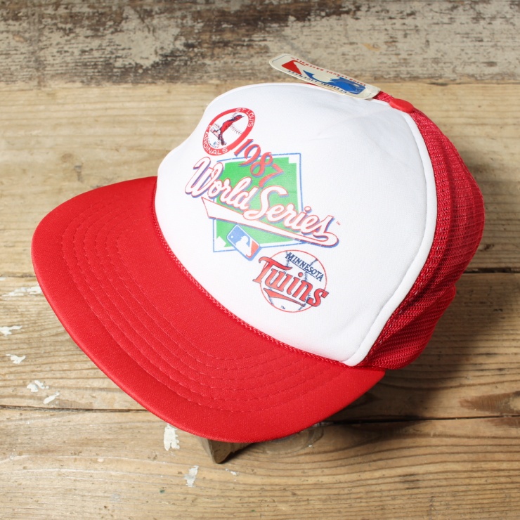 デッドストック 80s USA 1987 World Series プリント メッシュ キャップ 帽子 レッド フリーサイズ アメリカ古着