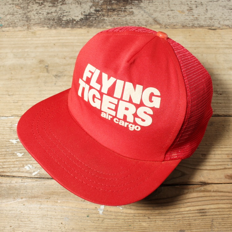 80s USA FLYING TIGERS air cargo プリント メッシュ キャップ 帽子 レッド フリーサイズ アメリカ古着