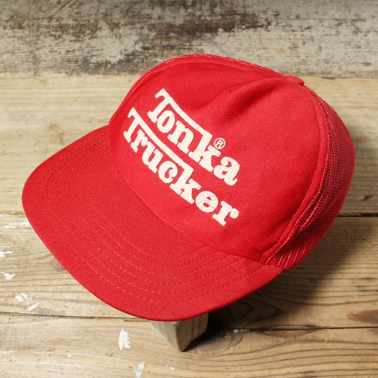 80s USA製 Tonka Trucker プリント メッシュ トラッカー キャップ 帽子 レッド フリーサイズ アメリカ古着