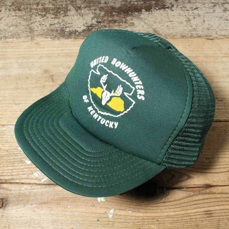80s 90s USA SAN SUN UNITED BOWHUNTERS OF KENTUCKY プリント メッシュ トラッカー キャップ 帽子 グリーン フリーサイズ アメリカ古着