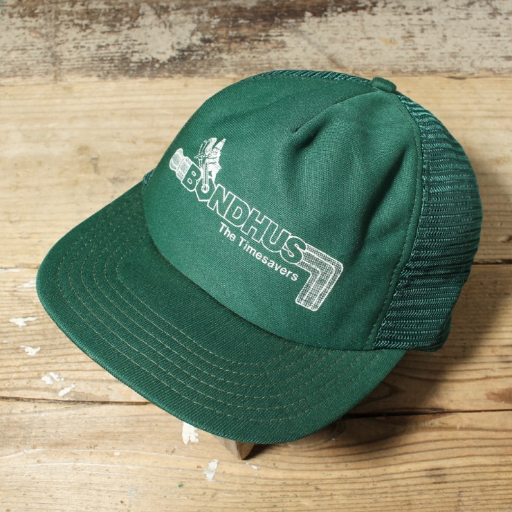 70s 80s USA製 BONDHUS プリント メッシュ トラッカー キャップ 帽子 グリーン フリーサイズ アメリカ古着