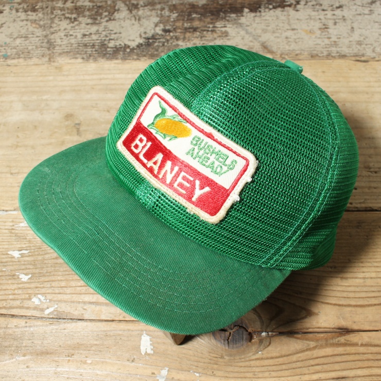 70s 80s USA製 K-BRAND BLANEY CORN ワッペン メッシュ トラッカー キャップ 帽子 グリーン フリーサイズ アメリカ古着