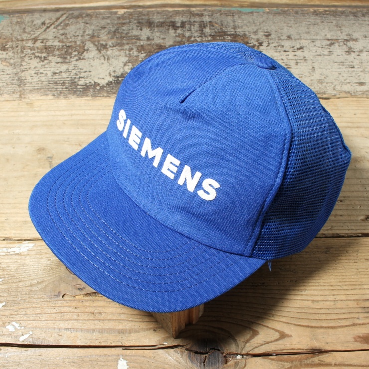 70s 80s USA製 SIEMENS プリント メッシュ トラッカー キャップ 帽子 ブルー フリーサイズ アメリカ古着
