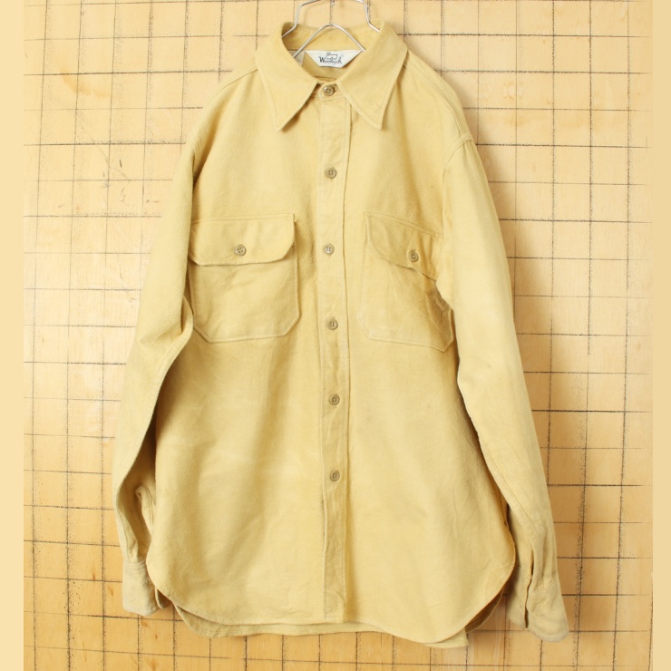 70s 80s USA Woolrich コットン シャモアクロス シャツ イエロー メンズL 長袖 アメリカ古着