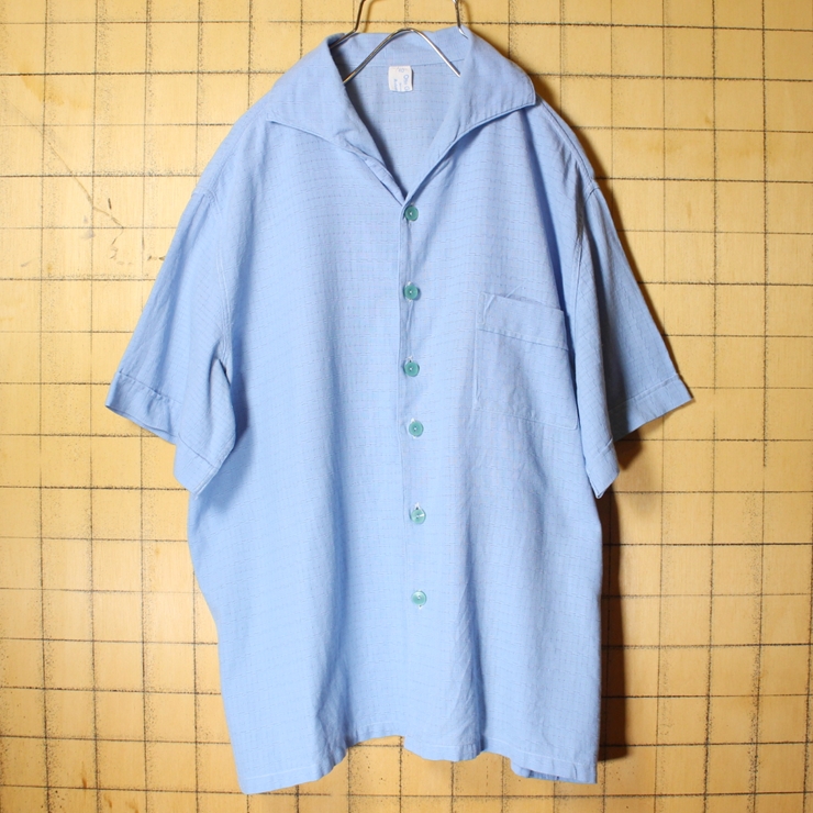 60s 70s EURO ボックス シャークカラー シャツ ライトブルー メンズML相当 半袖 オープンカラー 開襟 古着