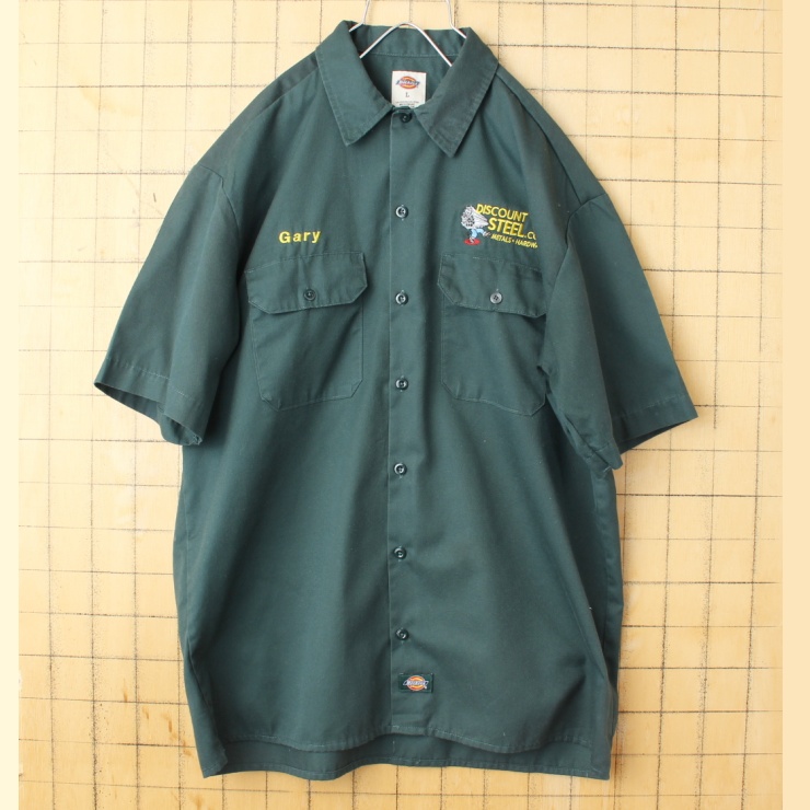 90s 00s USA Dickies ディッキーズ 刺繍 ワーク シャツ グリーン メンズL 半袖 アメリカ古着
