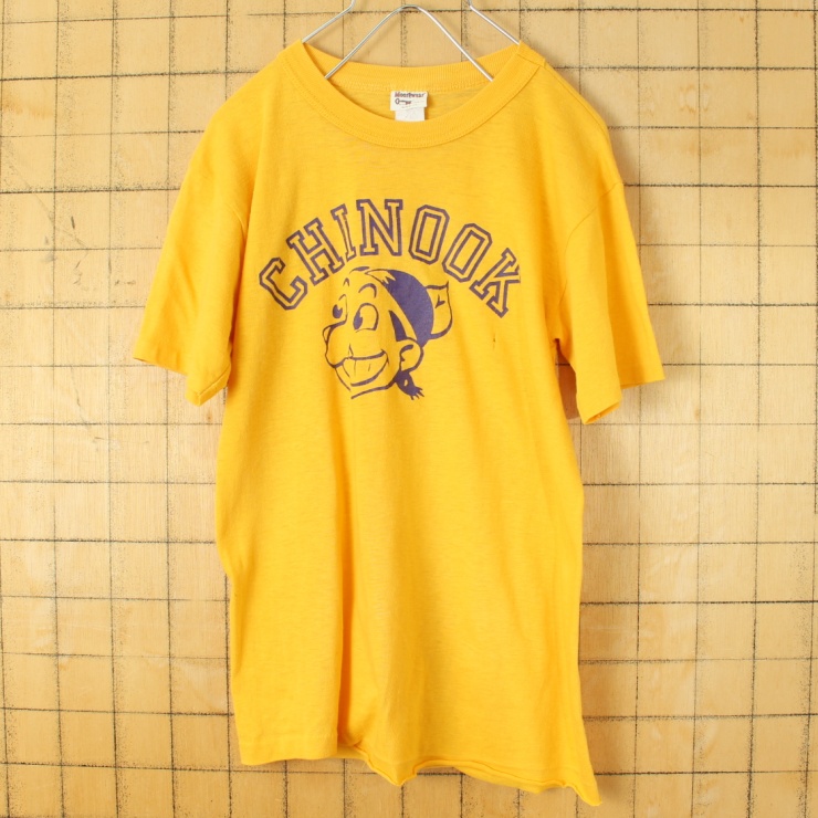 70s 80s USA製 Moorewear CHINOOK インディアン プリント 半袖 Tシャツ イエロー メンズXS相当 アメリカ古着