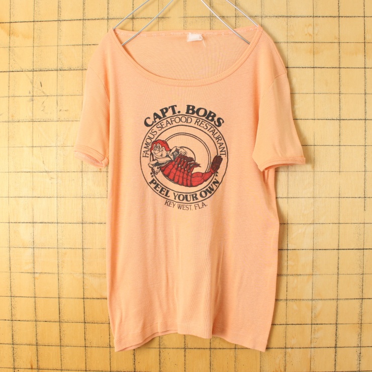 70s 80s USA CAPT,BOBS プリント 半袖 Tシャツ ピンク レディースSM相当 アメリカ古着