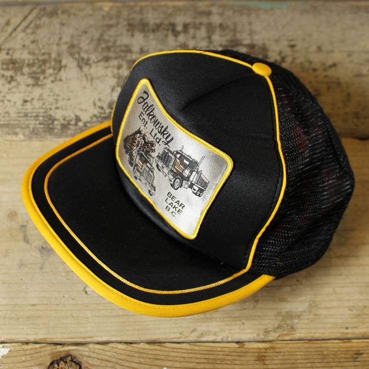 USA メッシュキャップ 帽子 Salkowski Ent Ltd トラック ワッペン ブラック 黒 イエロー フリーサイズ 古着