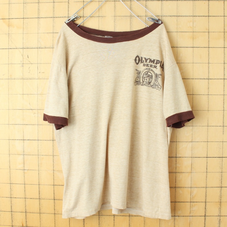 70s 80s USA製 ARTEX OLYMPIA BEER プリント リンガー Tシャツ 半袖 霜降りブラウン メンズL アメリカ古着