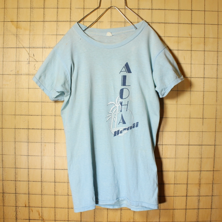 70s 80s USA製 ALOHA Hawaii プリント 半袖 Tシャツ ライトブルー メンズS相当 レディースM相当 アメリカ古着