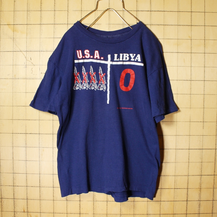 70s 80s USA製 プリント 半袖 Tシャツ ネイビー メンズS相当 レディースSM相当 LIBYA アメリカ古着