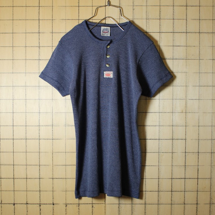 LEVI'S リーバイス USA製 古着 サーマル 半袖 Tシャツ 霜降り杢ブルー ヘンリーネック ワッフル カットソー メンズM相当