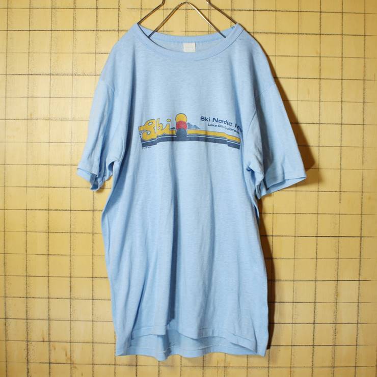 70s 80s USA製 プリント 半袖 Tシャツ ライトブルー 水色 メンズXL Ski Nordic Mtn. 古着