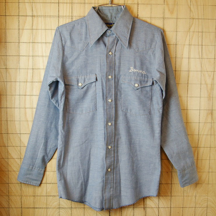 【Wrangler】70sUSA製古着ブルーチェーンステッチNIMBLE-PORTLANDウエスタンシャツ・シャンブレーシャツ|サイズS相当