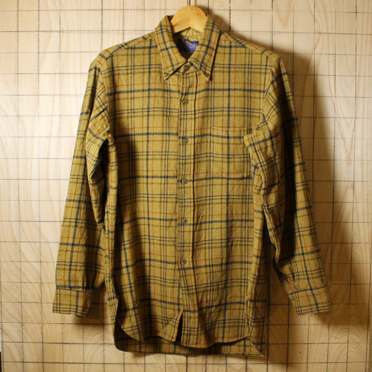 PENDLETON/USA60s古着ブラウンチェックウールボタンダウンシャツ/メンズLサイズ