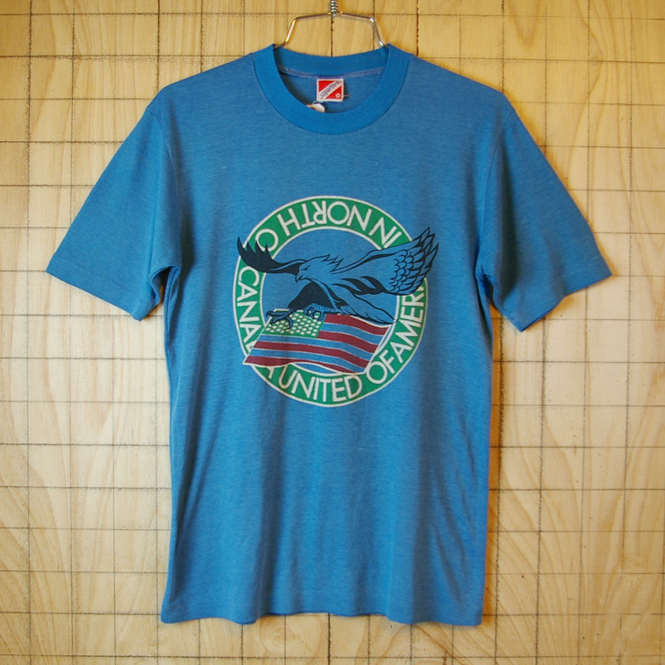 【Super Bird】USA(アメリカ)製古着ブルー(青)UNITED OF AMERICA IN NORTH CANADATシャツ|メンズMサイズ