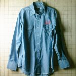 古着USA製Wranglerシャンブレー(chambray)GM-UAWプリントシャツ