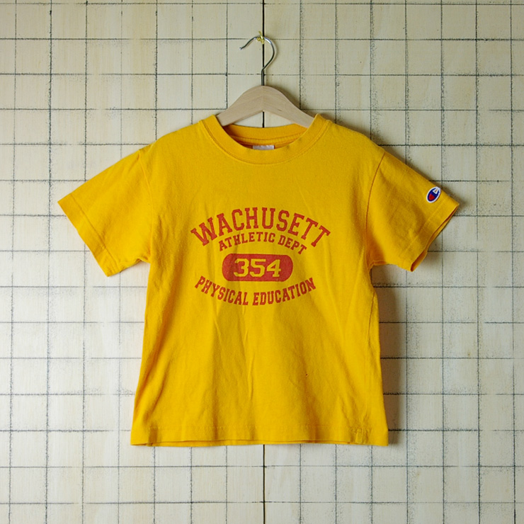 古着黄色(イエロー)WACHUSETT ATHLETIC DEPT 354 PHYSICAL EDUCATION【Champion】110cmキッズTシャツ