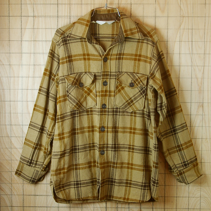 【ビンテージ】古着ベージュ×ブラウン×ダークブラウン長袖メンズネルチェックウールシャツ【Woolrichウールリッチ】