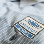 1970s-80s USA Miller CHEVROLET S/S Stripe Work Shirt Blue Mens-L & 2025 Summer SALE