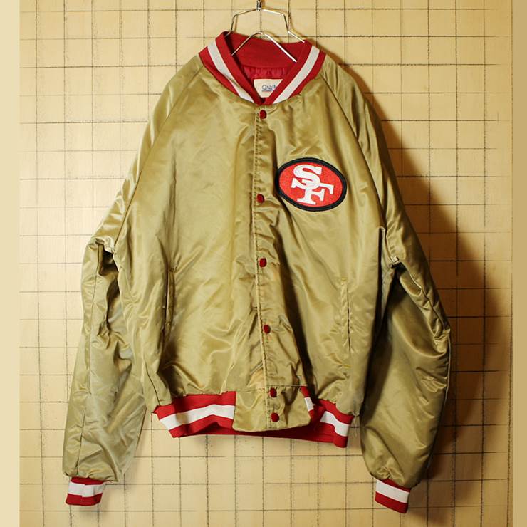 90s USA製 CHALK LINE NFL ナイロンスタジャン ゴールド SANFRANCISCO 49ERS フォーティナイナーズ 中綿入り アワード メンズL