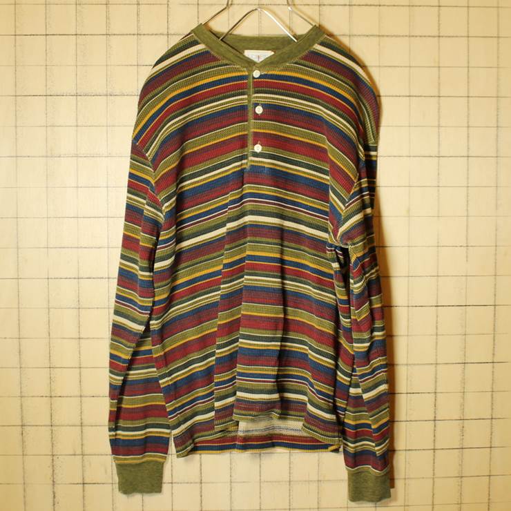 90s J.CREW Jクルー ボーダー サーマル ロンT ヘンリーネック 長袖Tシャツ グリーン エンジ メンズM 古着 総柄