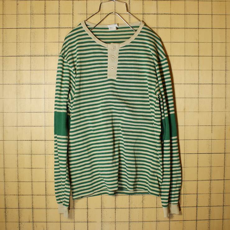 70s JCPenney ボーダー ロンT ヘンリーネック 長袖Tシャツ グリーン ベージュ メンズS 古着