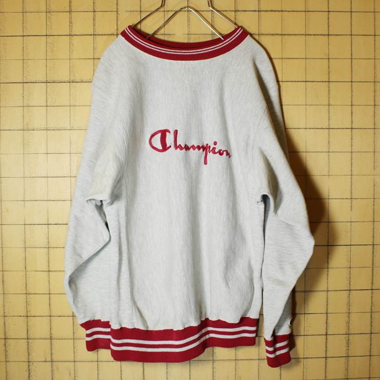 90s USA製 champion チャンピオン リバースウィーブ デカロゴ スウェット 古着 霜降りグレー トレーナー メンズM