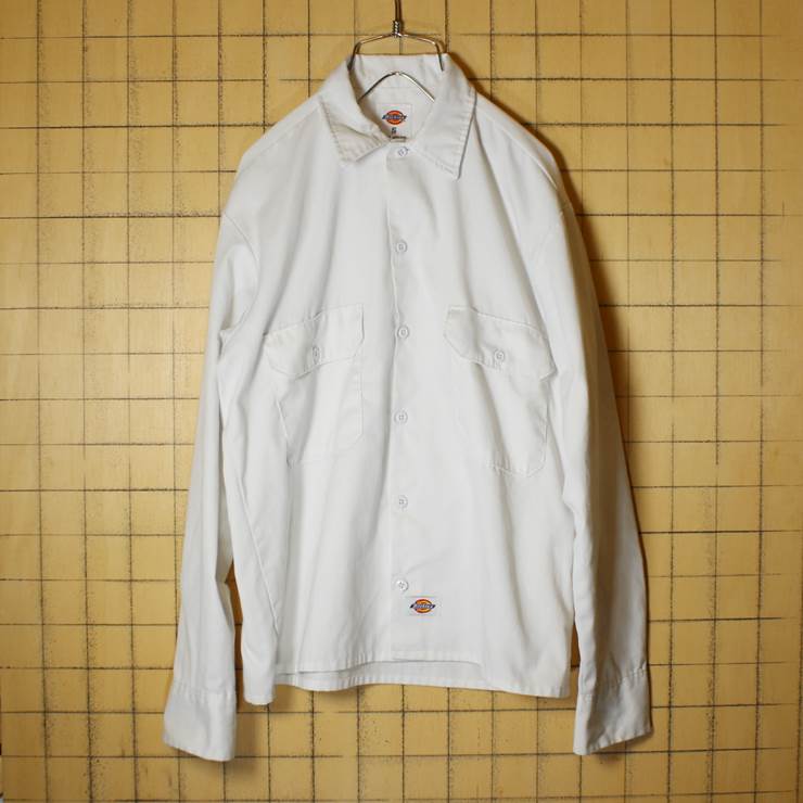 Dickies ディッキーズ 長袖 無地 ボックス ワークシャツ ホワイト メンズS 古着