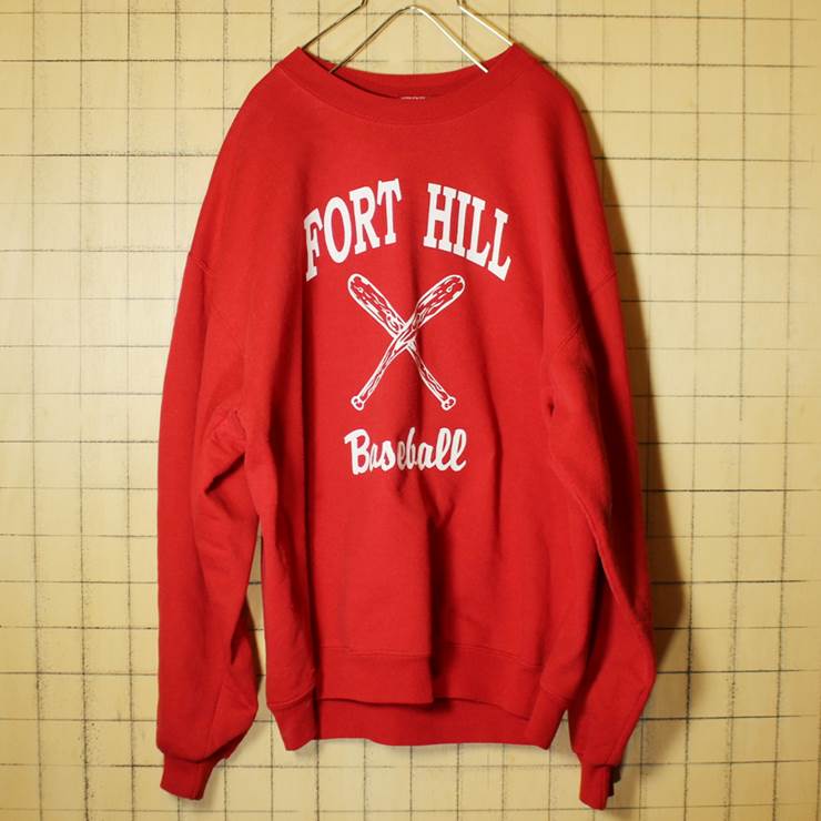 JERZEES レッド プリントスウェット トレーナー メンズL FORT HILL Baseball 古着