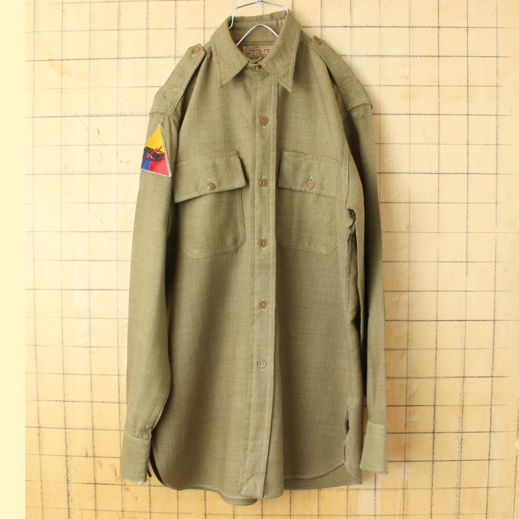 30s 40s USA TRUE-FIT U.S.ARMY OFFICER'S REGULATION SHIRT ギャバジン ウールシャツ メンズSM相当 カーキ ミリタリー アメリカ古着