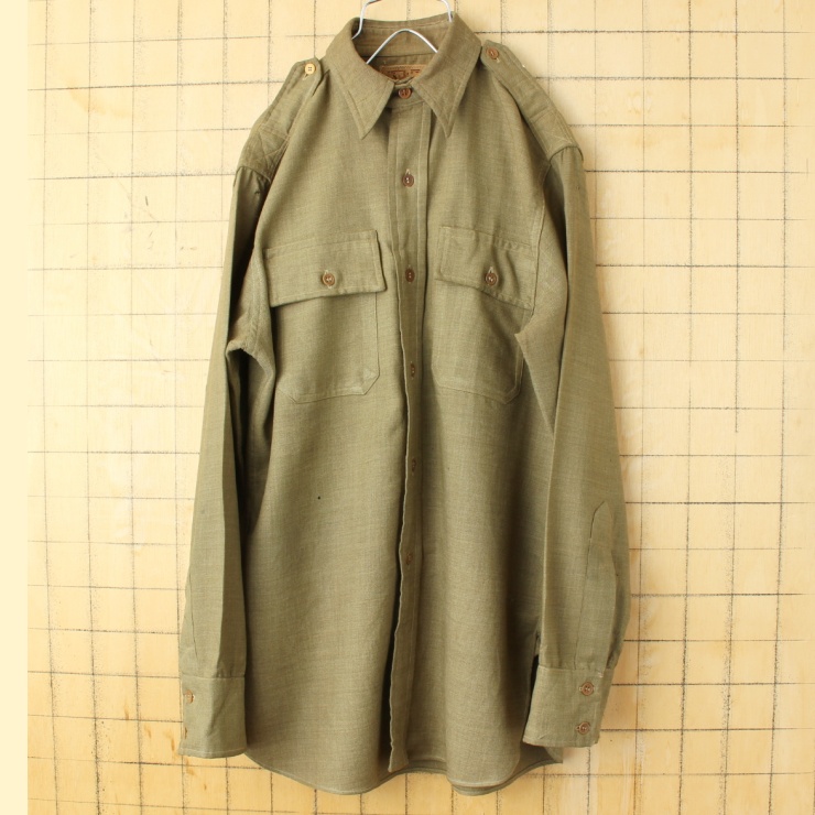 30s 40s USA TRUE-FIT U.S.ARMY OFFICER'S REGULATION SHIRT ギャバジン ウールシャツ メンズSM相当 カーキ ミリタリー アメリカ古着 112923aw28