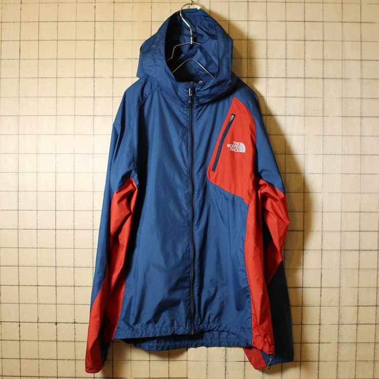 古着 ノースフェイス THE NORTH FACE ネイビー レッド ナイロンジャケット メンズL パーカー フード アウトドア