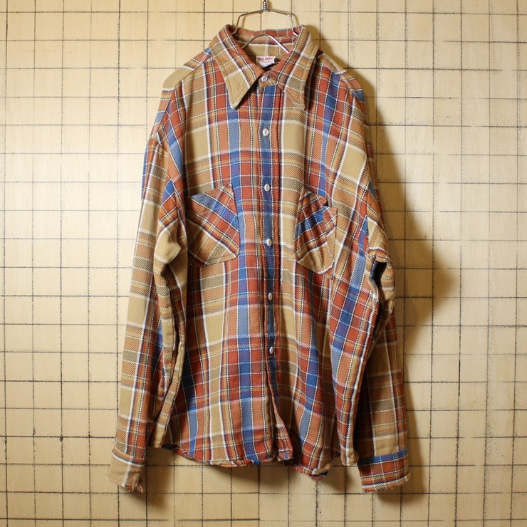 JCPenney BIGMAC USA製 70s 古着 ブラウン チェック ワーク ネルシャツ メンズL ダメージ