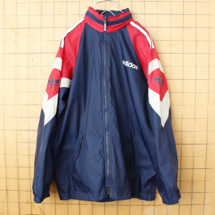 80s 90s EURO adidas アディダス ジップアップ ナイロン ジャケット ネイビー ブルー メンズSM相当 トレフォイル ヨーロッパ古着