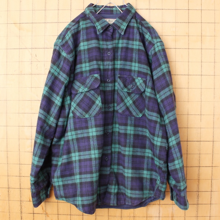 80s 90s USA製 LLBean エルエルビーン 中綿入り チェック シャツ レディースL グリーン THINSULATE 長袖 アメリカ古着