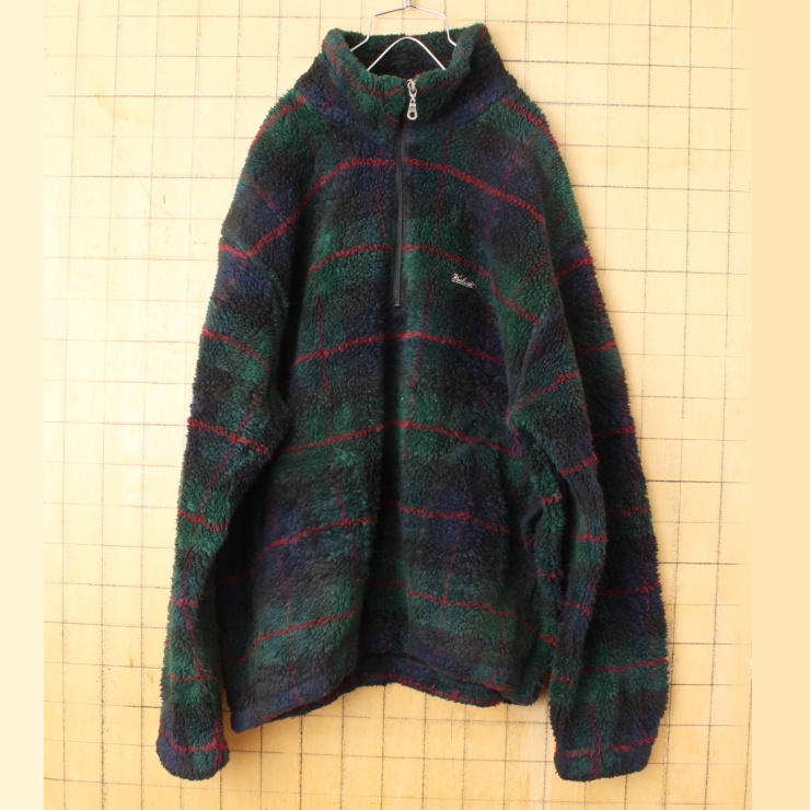 90s USA製 Woolrich チェック ボアフリース プルオーバー ジャケット メンズL グリーン アウトドア アメリカ古着