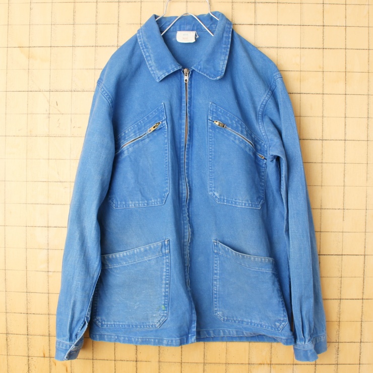60s 70s フランス ジップアップ ワーク ジャケット カバーオール メンズML相当 ブルー ユーロ ヨーロッパ古着