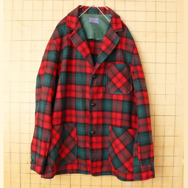 50s 60s USA PENDLETON ペンドルトン ウール テーラード ジャケット メンズM レッド チェック アメリカ古着