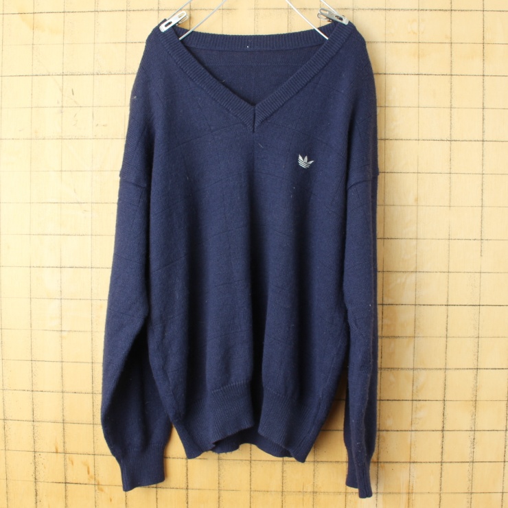 70s 80s EURO adidas ウール セーター Vネック ネイビー メンズSM相当 ニット ヨーロッパ古着