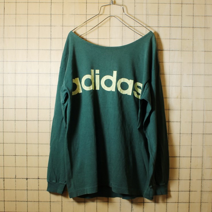 古着 80s アディダス adidas プリント ロンT 長袖Tシャツ グリーン メンズL相当 デカロゴ リメイク