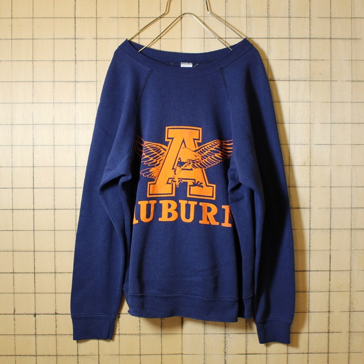 ネイビー AUBURN カレッジプリント ラグランスウェット USA製 70s 古着 トレーナー メンズM Tultex