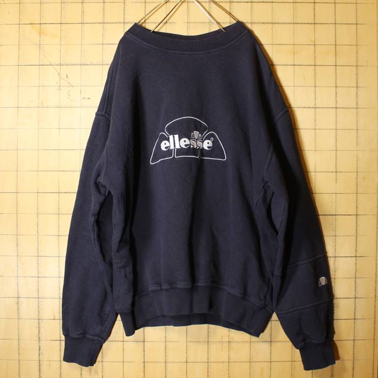 ビッグサイズ ギリシャ製 ellesse エレッセ ロゴ 刺繍 スウェット ブラック 黒 メンズL トレーナー 古着