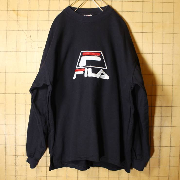 FILA フィラ ロゴ 刺繍 スウェット ブラック 黒 メンズL相当 トレーナー 古着