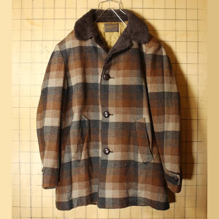 60s 70s USA製 PENDLETON ペンドルトン ウール ボア コート ジャケット メンズL相当 ブラウン チェック 古着