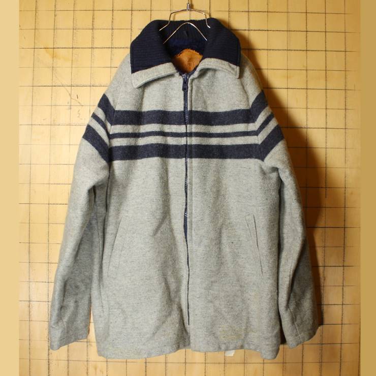 70s 80s USA製 Woolrich ウールリッチ ボーダー ウール ジャケット ボアライナー メンズM グレー キャンプ アウトドア 古着